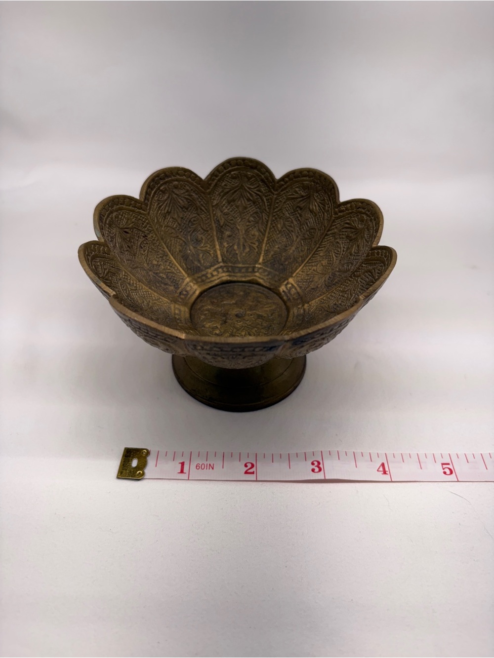 Vintage Etched Brass Scalloped Pedestal Bowl Boho Decor
